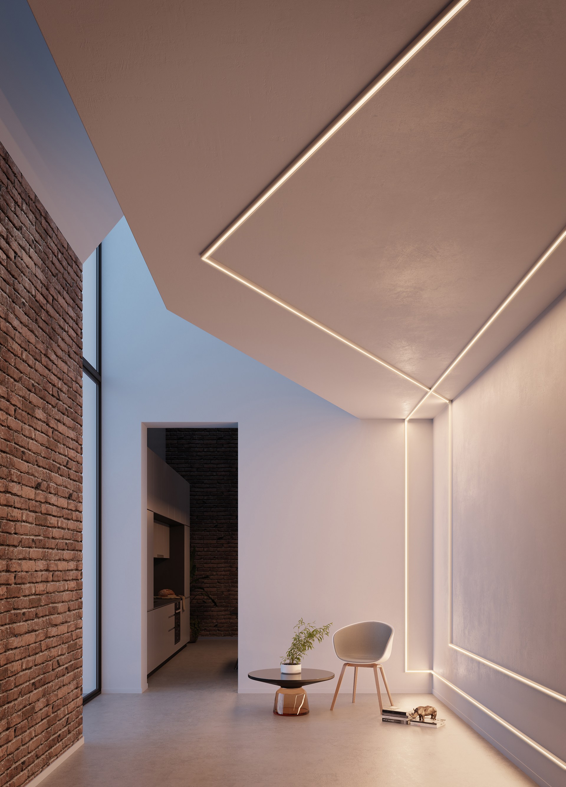 Profilés d'éclairage intégrés qui soulignent les murs et le plafond, créant un éclairage architectural raffiné.